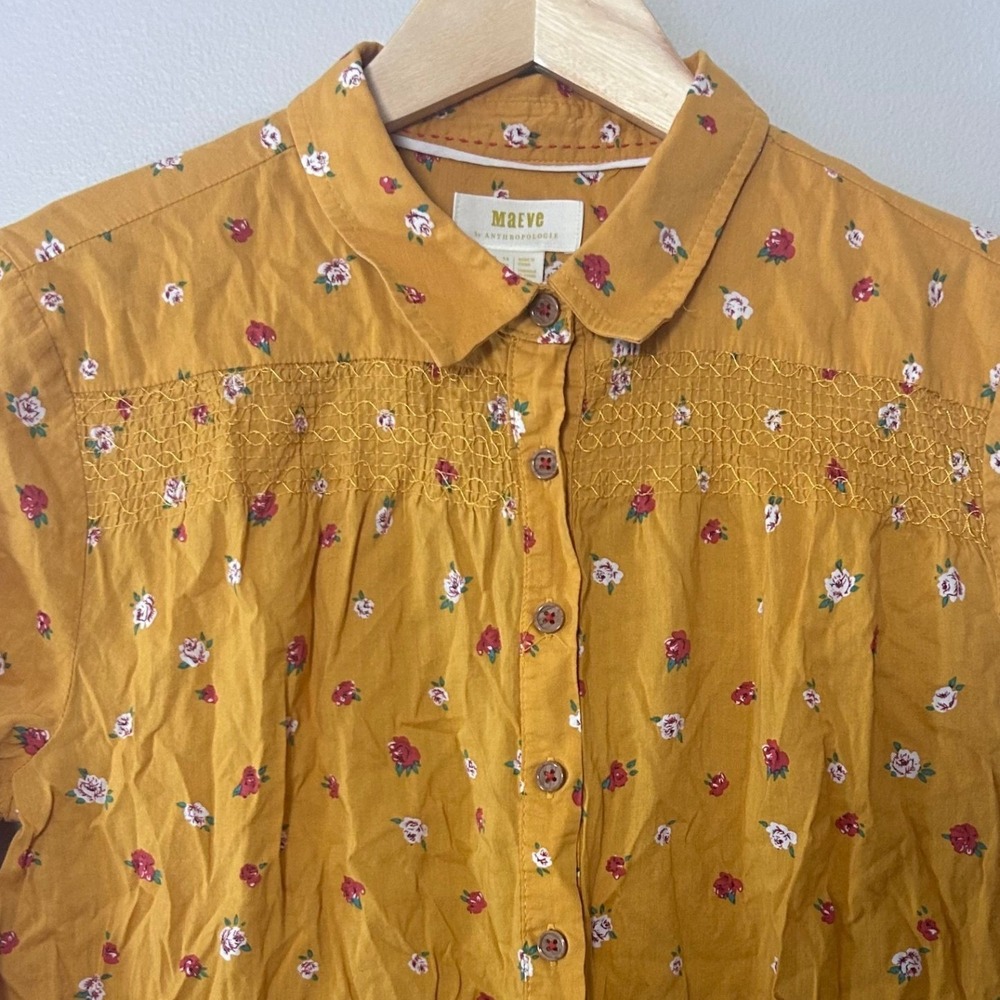 Maeve Button Down Shirt Womens 10 Yellow Floral Smocked Cotton Boho Blouse